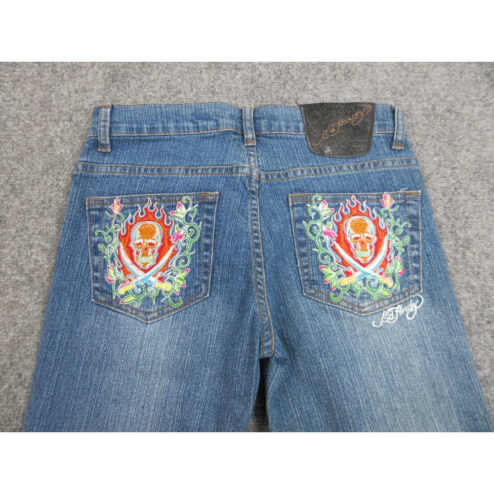 VINTAGE Ed Hardy Jeans‎ Womens 9/10 Blue Denim Eagle Embroidered Skull 30X32